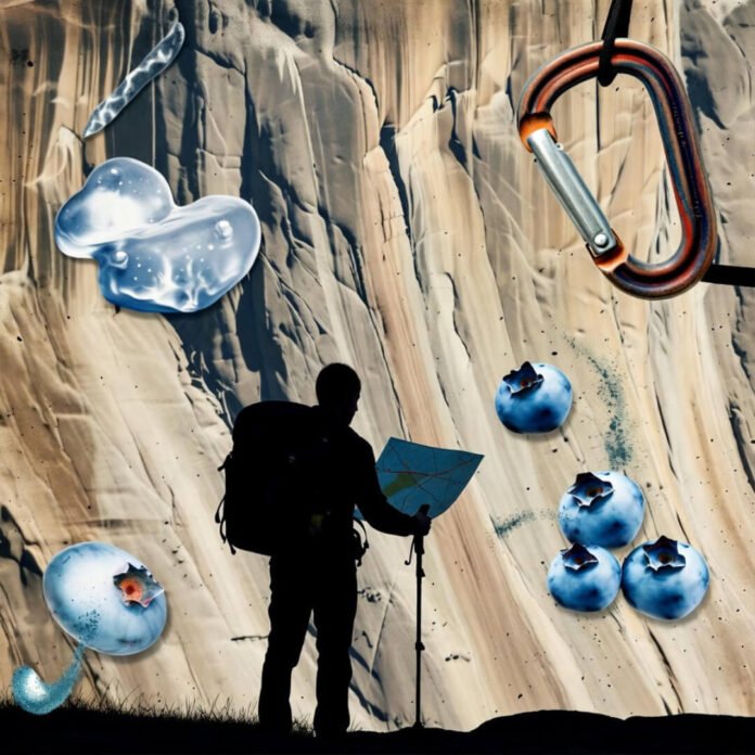 Hiker lost on icy cliff, rusted gear dangling.