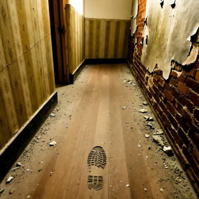 Dusty boot print in dim prison hallway. Dusty boot print in dim prison hallway.