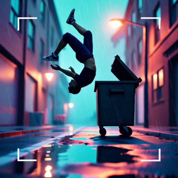 Neon rain parkour flip over dumpster. Neon rain parkour flip over dumpster.