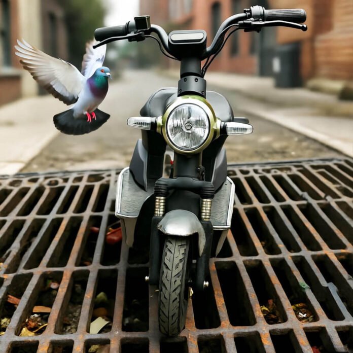 Scooter mid-air over NYC grate, pigeon photobomb. Scooter mid-air over NYC grate, pigeon photobomb.
