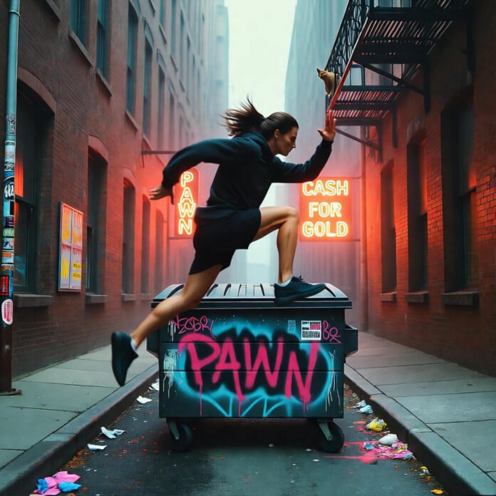 Runner leaping graffiti dumpster, cat watches.