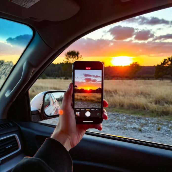 Hand filming sunrise from muddy Subaru window. Hand filming sunrise from muddy Subaru window.