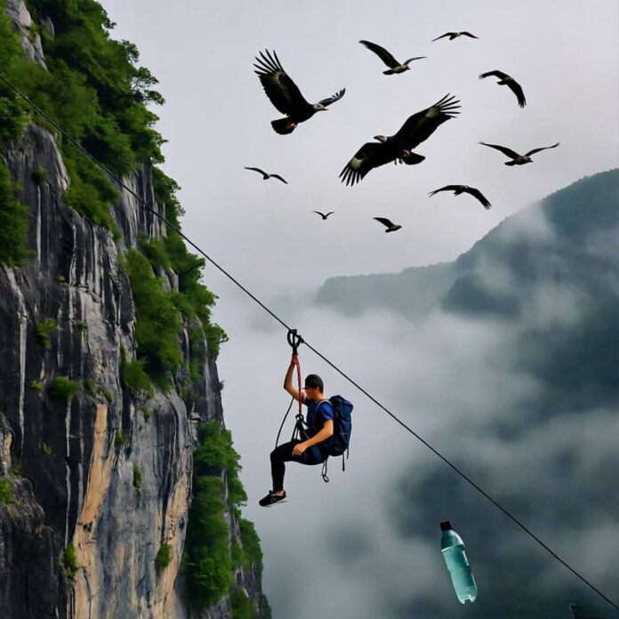 Zip-liner evades birds, drops bottle. Zip-liner evades birds, drops bottle.