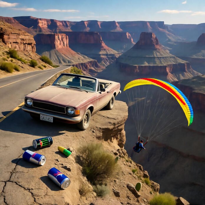 Dusty convertible teeters near paraglider, cans tumble. Dusty convertible teeters near paraglider, cans tumble.