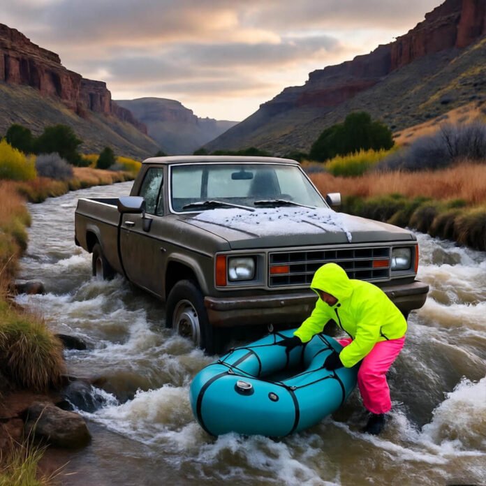 Truck stuck in creek, person with packraft.Truck stuck in creek, person with packraft. Truck stuck in creek, person with packraft.