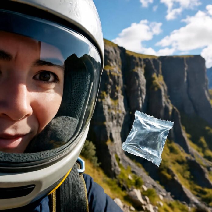 Helmet POV plunging cliff with wrapper.