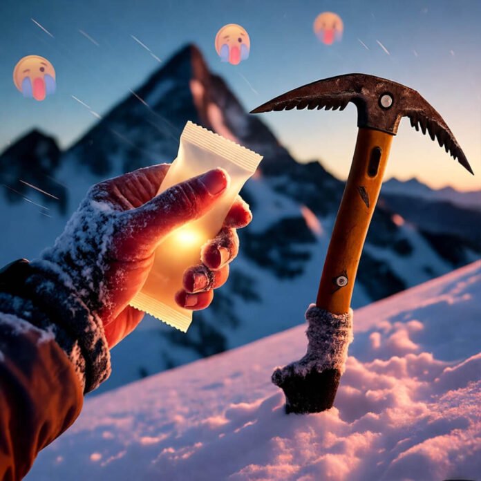 Ice axe in pink snow, screaming emojis Ice axe in pink snow, screaming emojis