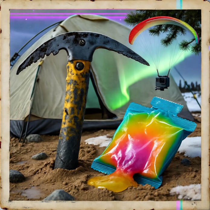 Battered ice axe, gooey gel, tangled paraglider chaos.