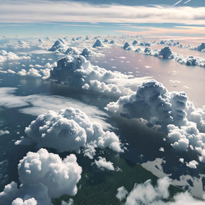 Skydiver’s freefall view with heart-shaped clouds.