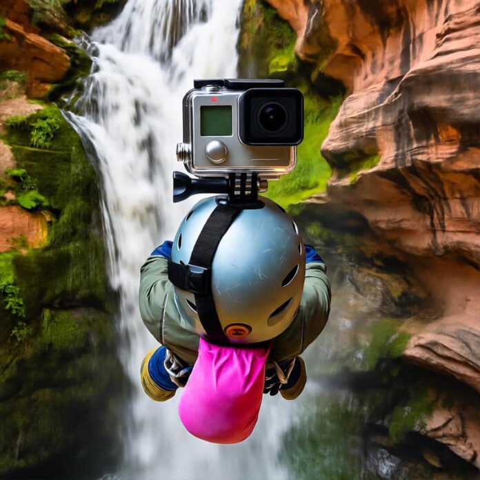 GoPro helmet rappelling waterfall, pink chalk bag swings. GoPro helmet rappelling waterfall, pink chalk bag swings.