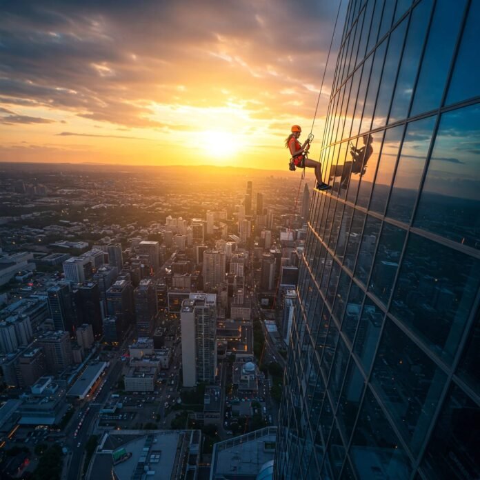 Abseiling Skyscraper Sunset