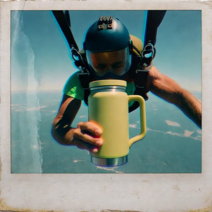 Wryly chaotic freefall over a quirky US drop zone, thermos in hand.