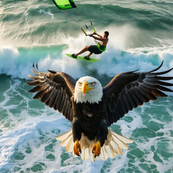 Wry kiteboarding leap over American waves with eagle quirk. Wry kiteboarding leap over American waves with eagle quirk.