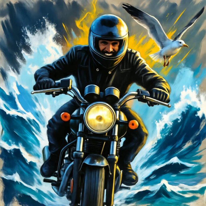 Wry water jetpack moment over indigo waves, electric yellows flashing.