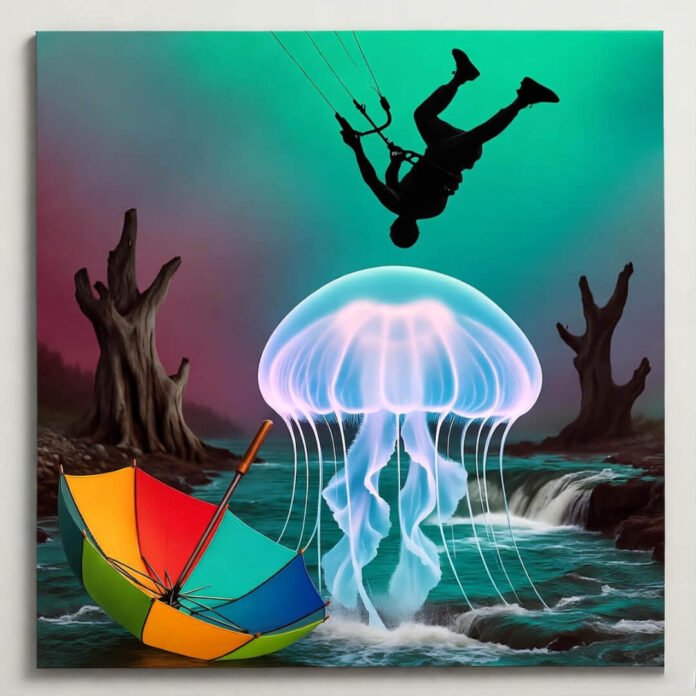 Kitesurfer flips over glowing jellyfish, rainbow umbrella waves. Kitesurfer flips over glowing jellyfish, rainbow umbrella waves.