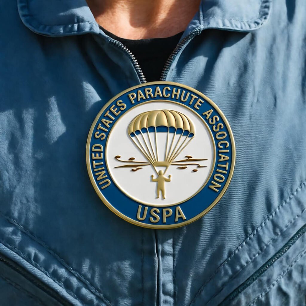 Up-close, personal inspection of skydiving certification badge at an American center