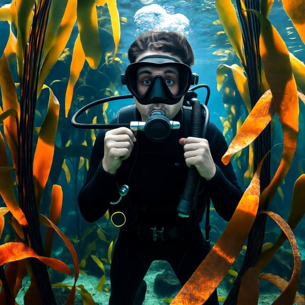 Botched US scuba adventure in Cali kelp—me vs. seaweed.