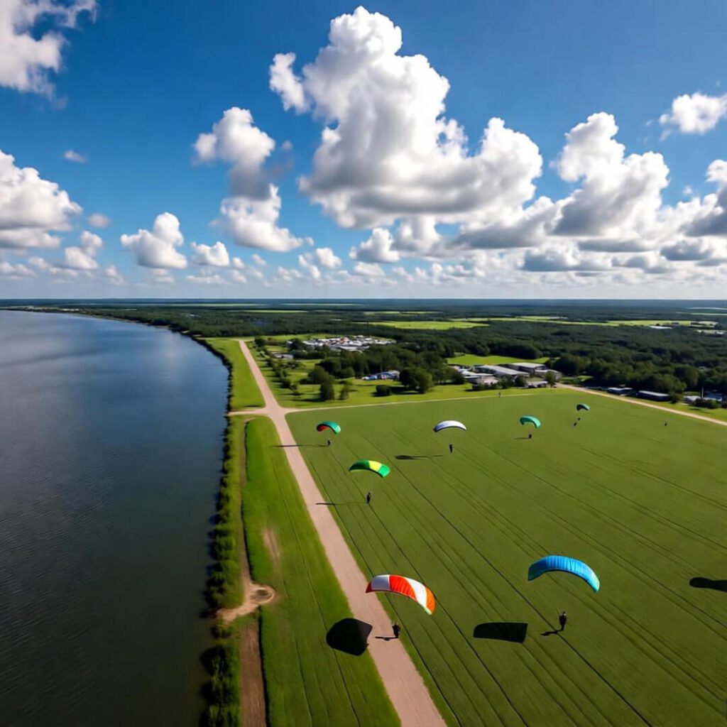 Bird's-eye personal glimpse of bustling certified skydiving center in America