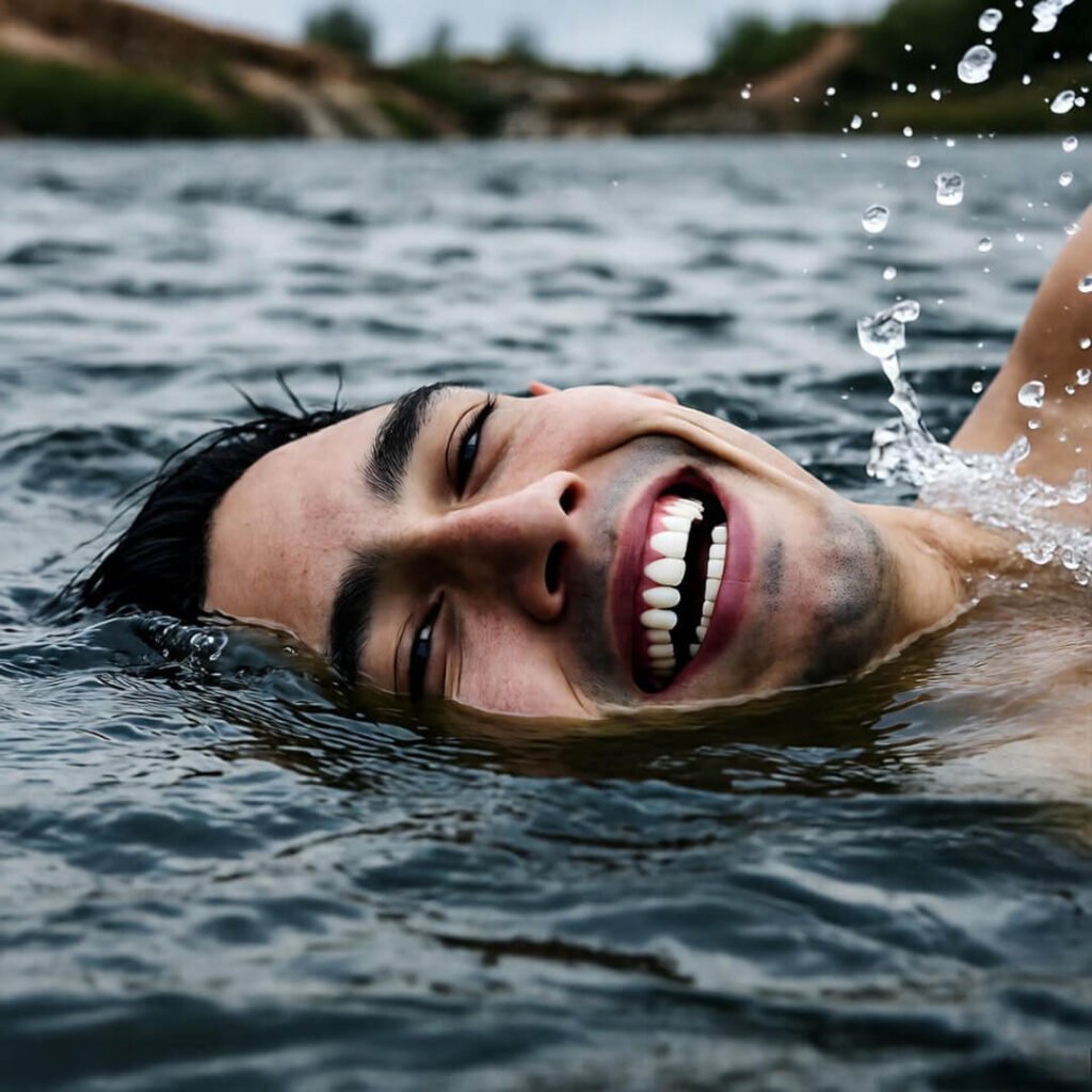 Gaining confidence in extreme paddleboarding, my goofy reflection in the rapids.