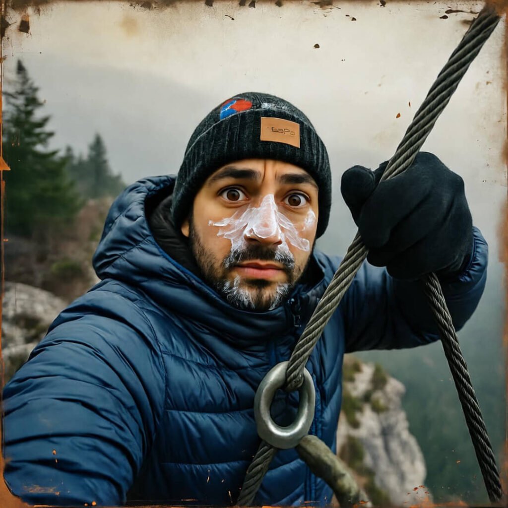 Frozen snot selfie on cable climb.