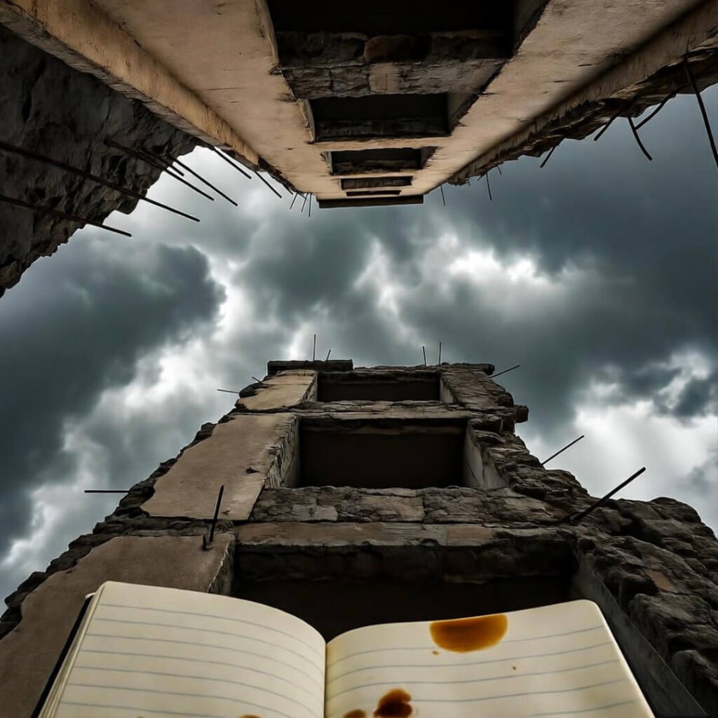 Notebook on glass, rebar towers loom.
