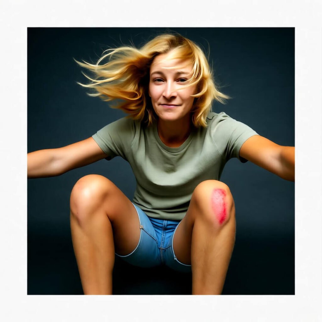 Blurry selfie mid-fall, scraped shin.