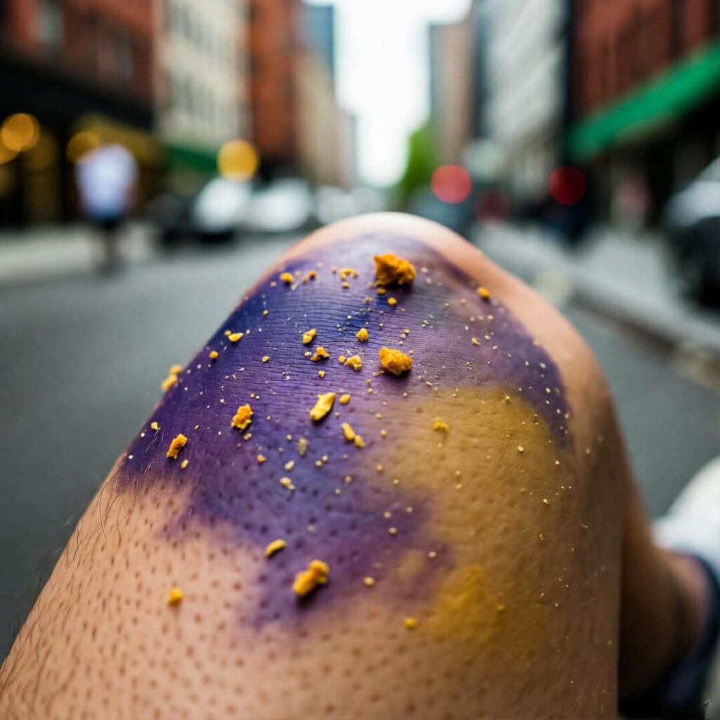 Bruised knee with pretzel crumbs, NYC fail.