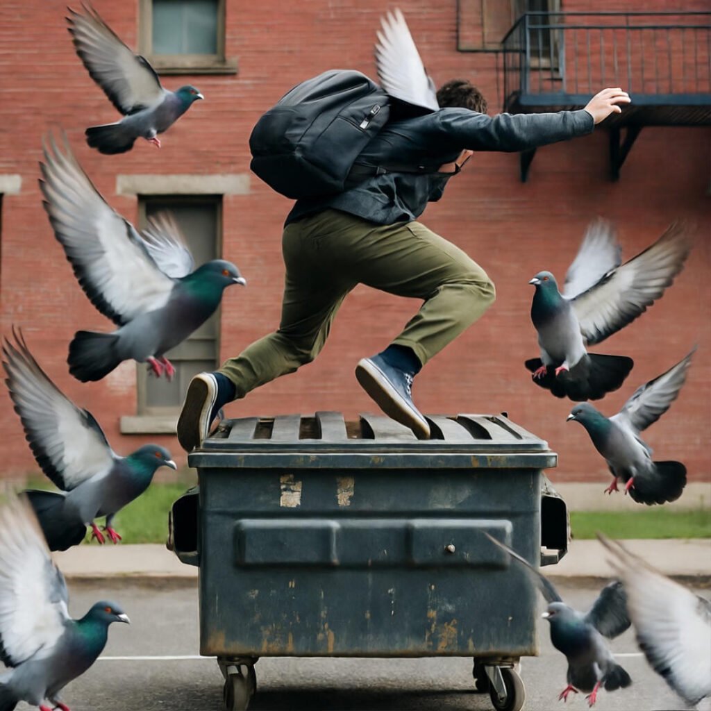 Parkour leap scatters pigeons in chaos.