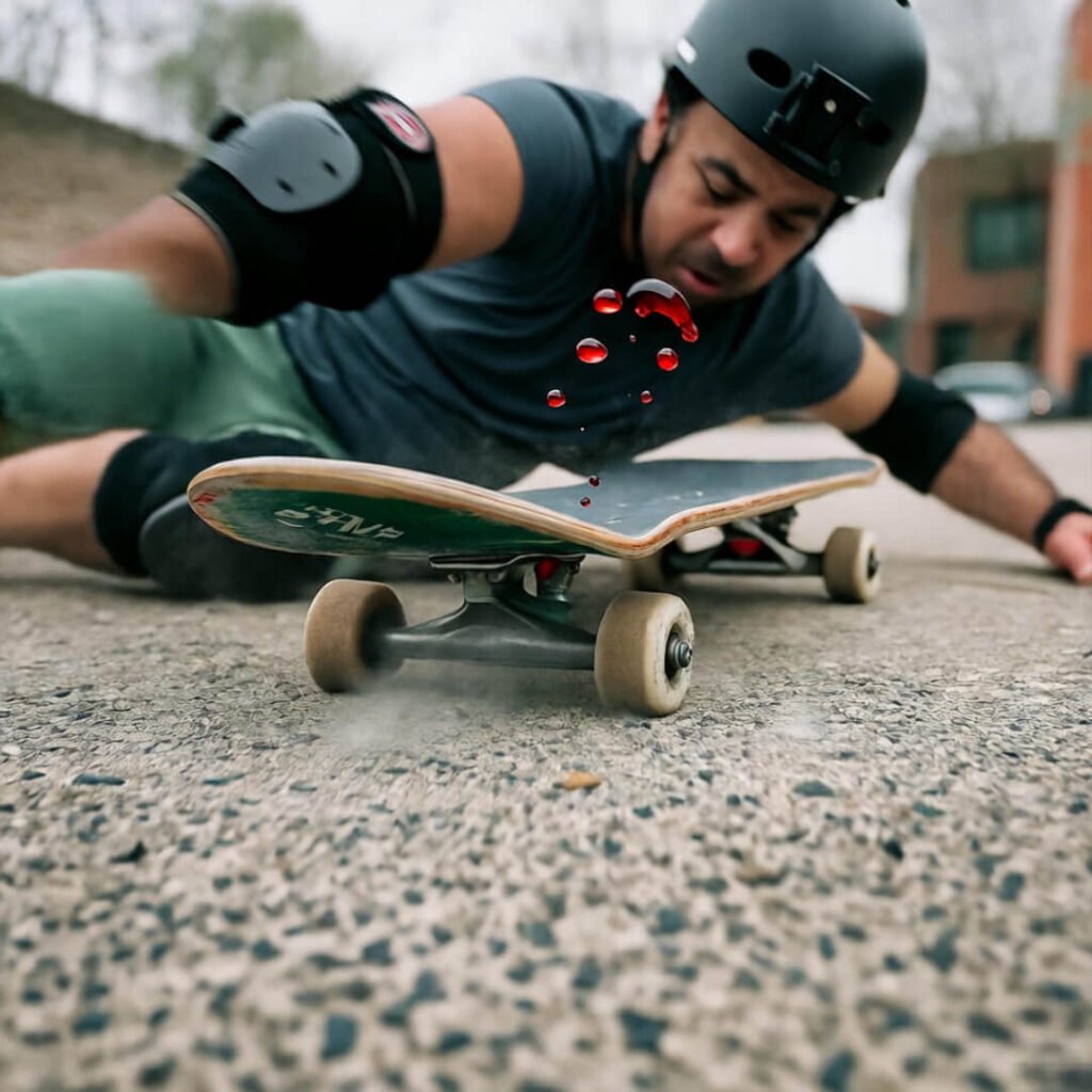 POV knee scrape with blood drop mid-air.