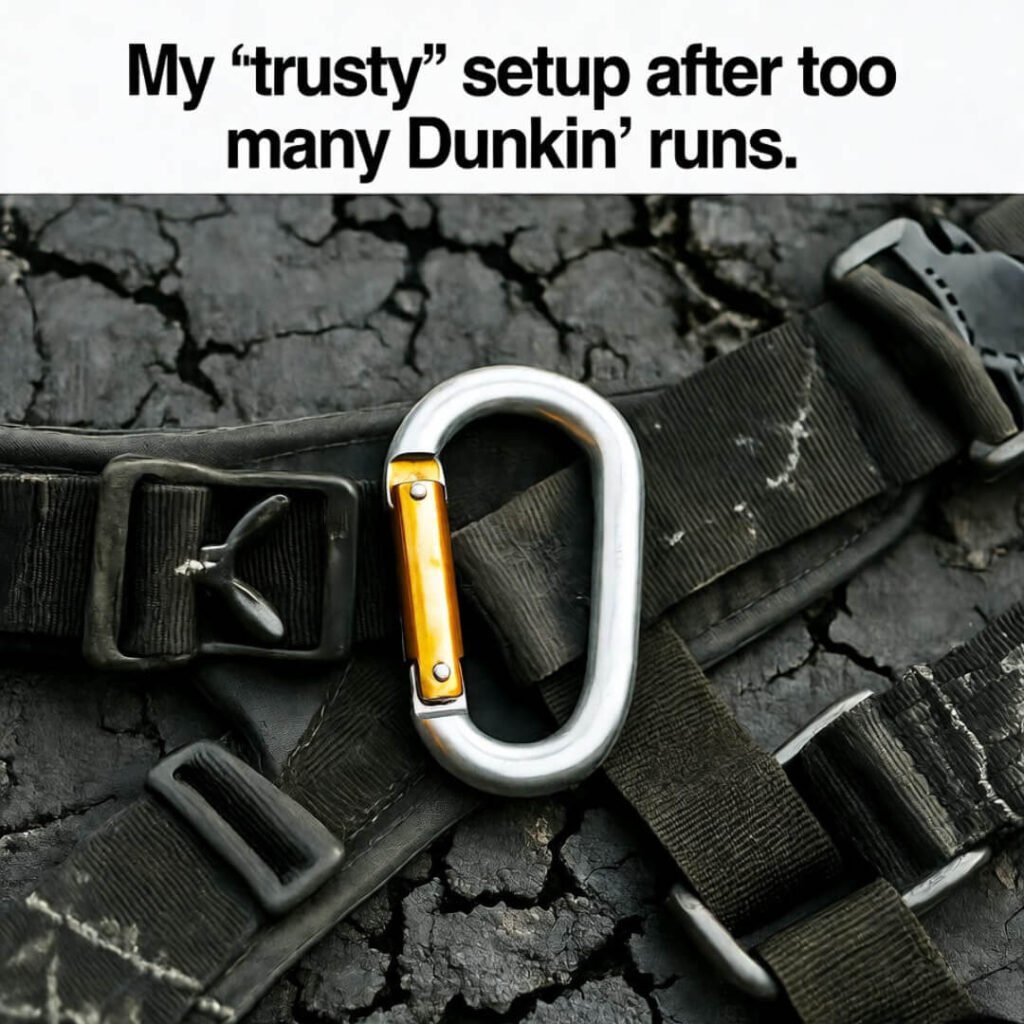 Scuffed harness, coffee-stained carabiner on tar.