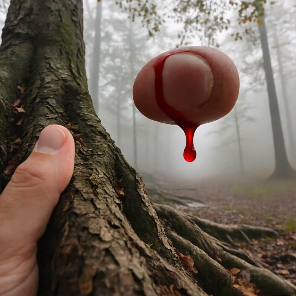 Bloody thumb vs. tree bark.