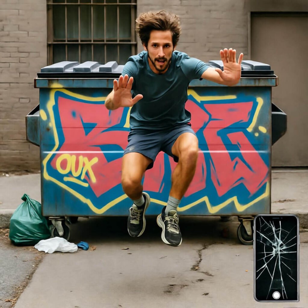 Low-angle leap over alley dumpster.
