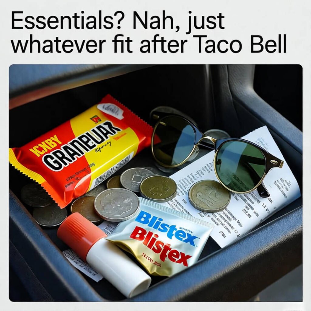 Cluttered glovebox with snacks and lip balm.
