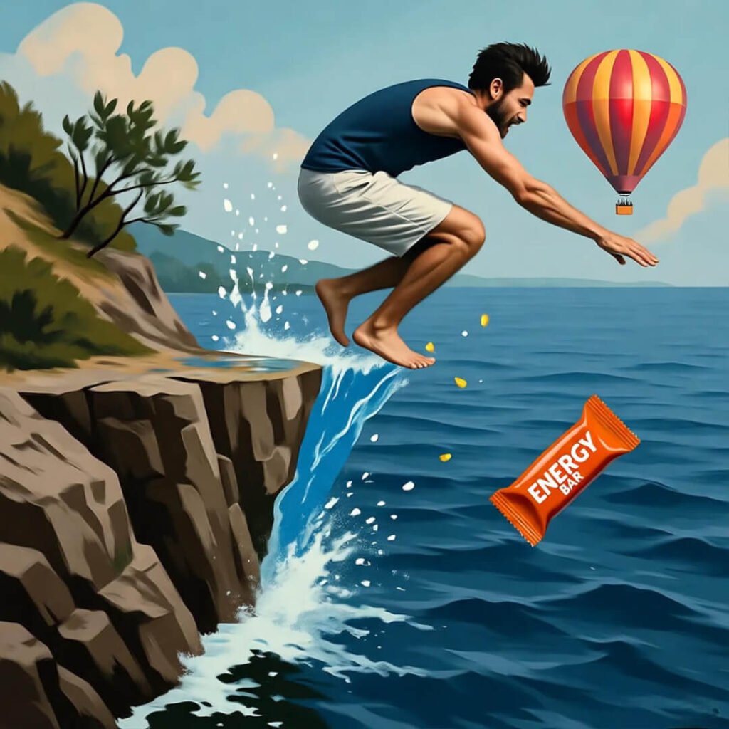 Cliff-jumper splashes, balloon drifts.