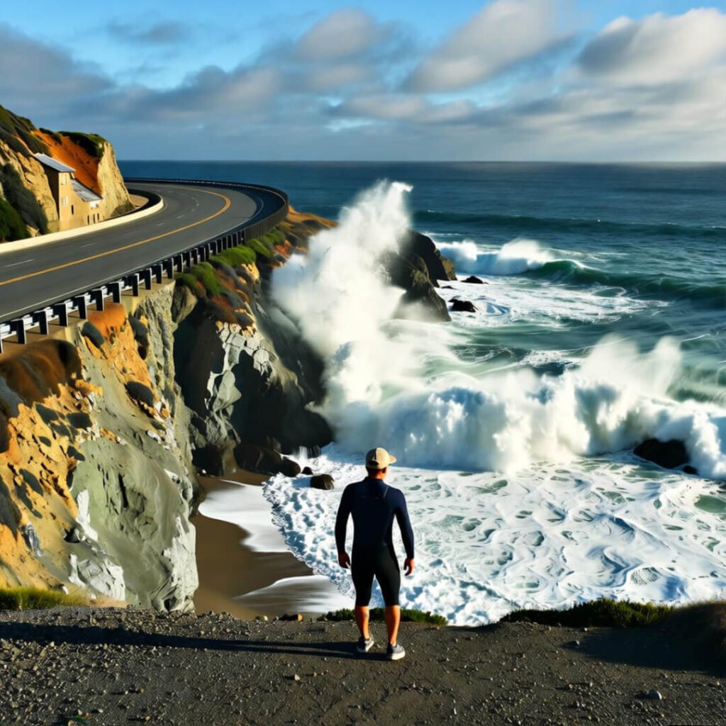 Surfer watches waves crash under cliff highway.