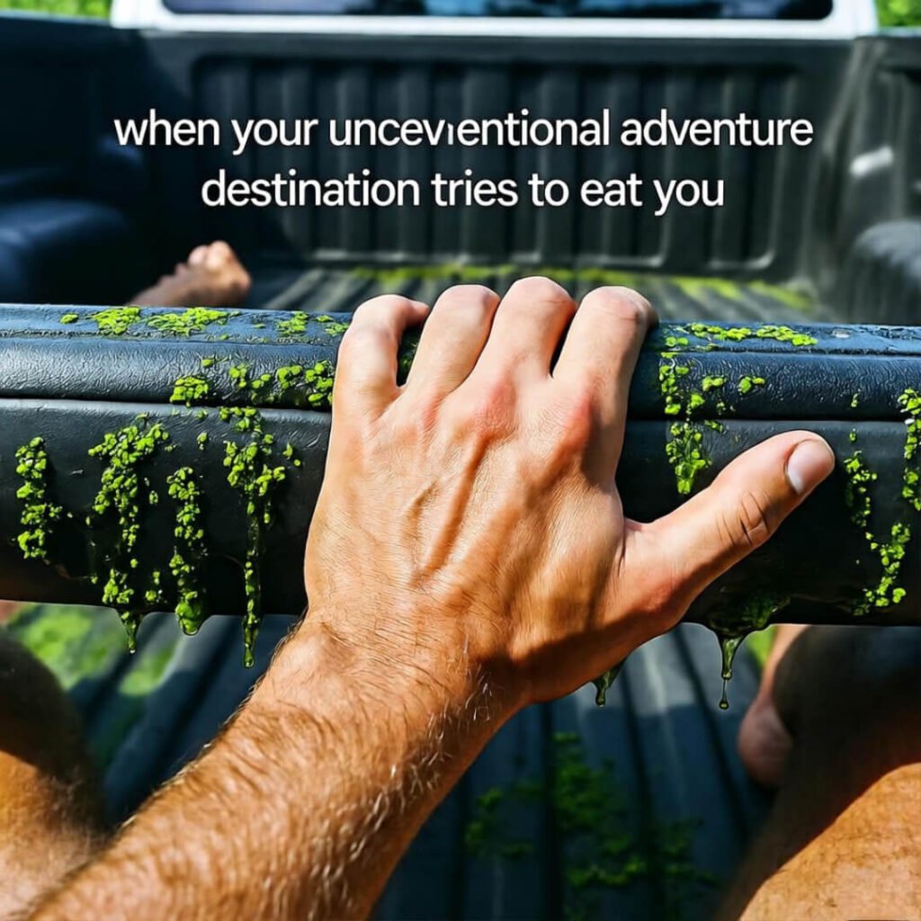 Sweaty hand grips algae-covered truck rim.