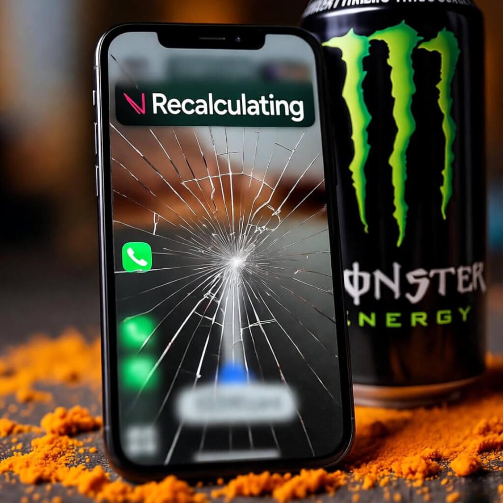 Cracked phone, Monster can, Cheeto dust chaos.