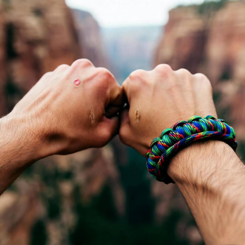 Scabbed knuckles clutching paracord in freefall blur.
