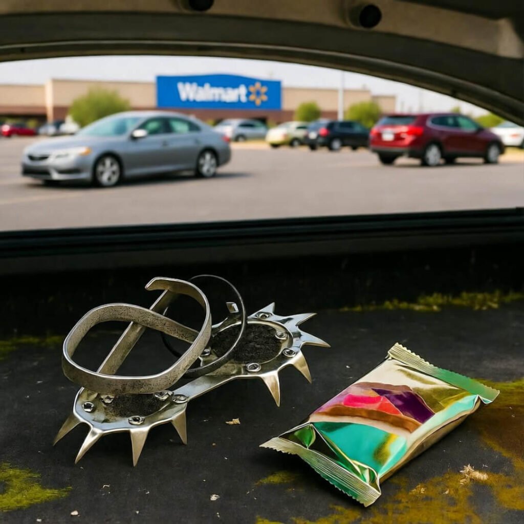 Crampons and melted bar in moldy trunk.