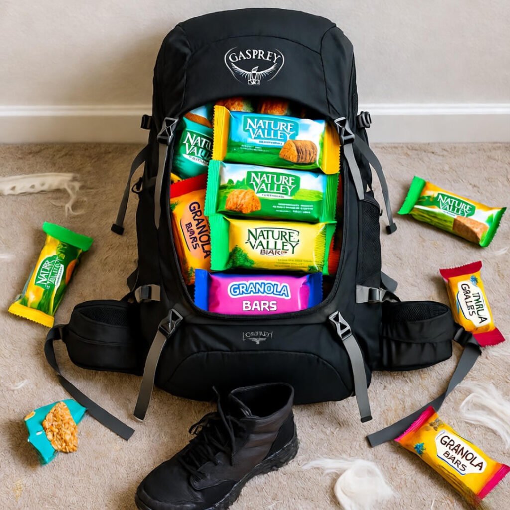 Osprey pack spilling bars, untied boot.