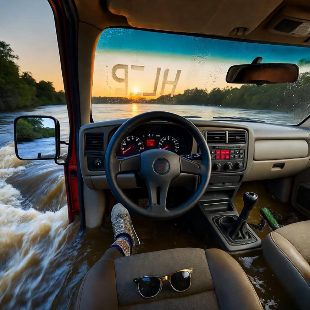 Inside flooded truck, "HELP" on foggy glass.