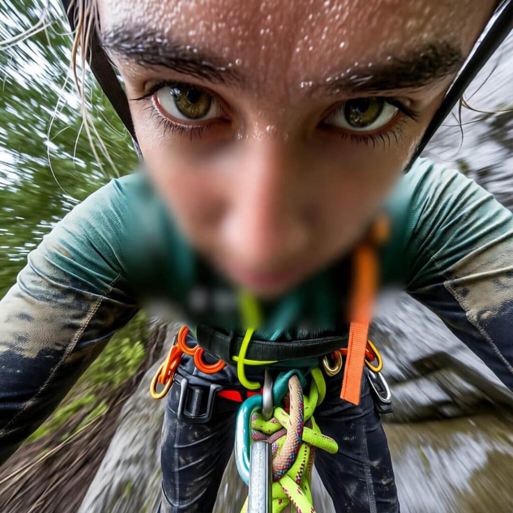 Sweaty eyes tangled in ropes, helmet view.