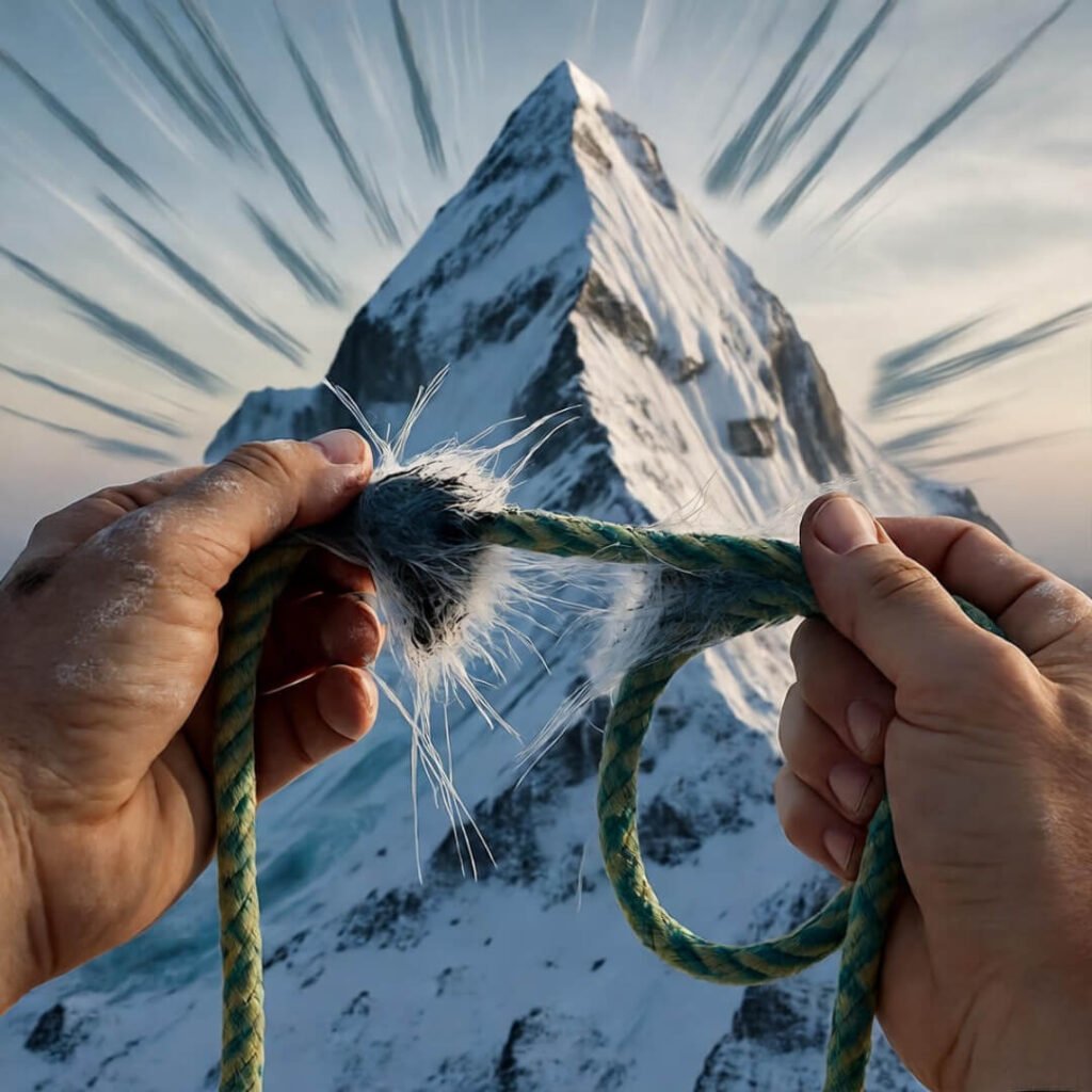 Frayed rope, hands shaking, jagged peak