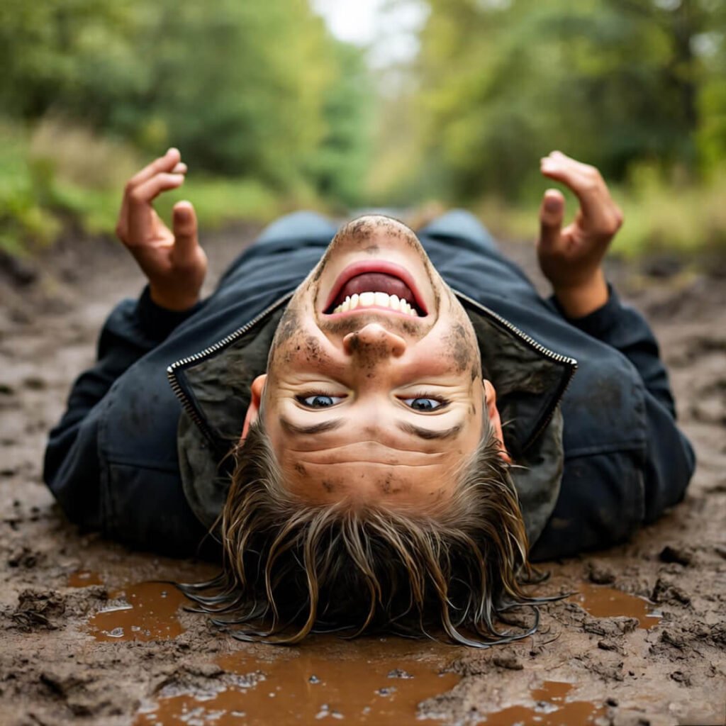 Muddy face laughing after trail fall.