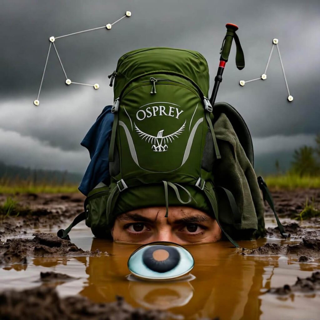 Muddy face, lost lens, exploded Osprey pack.