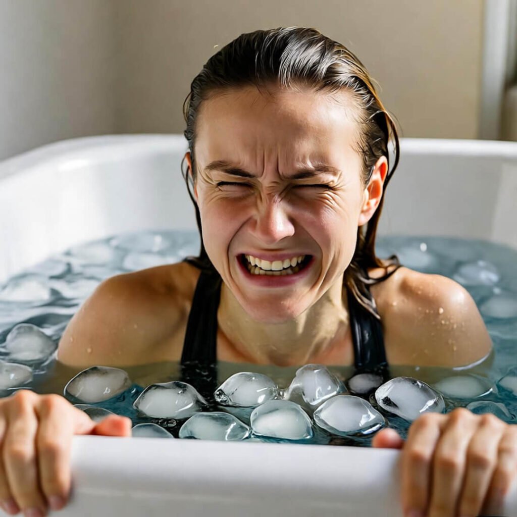 Grimacing athlete in ice bath