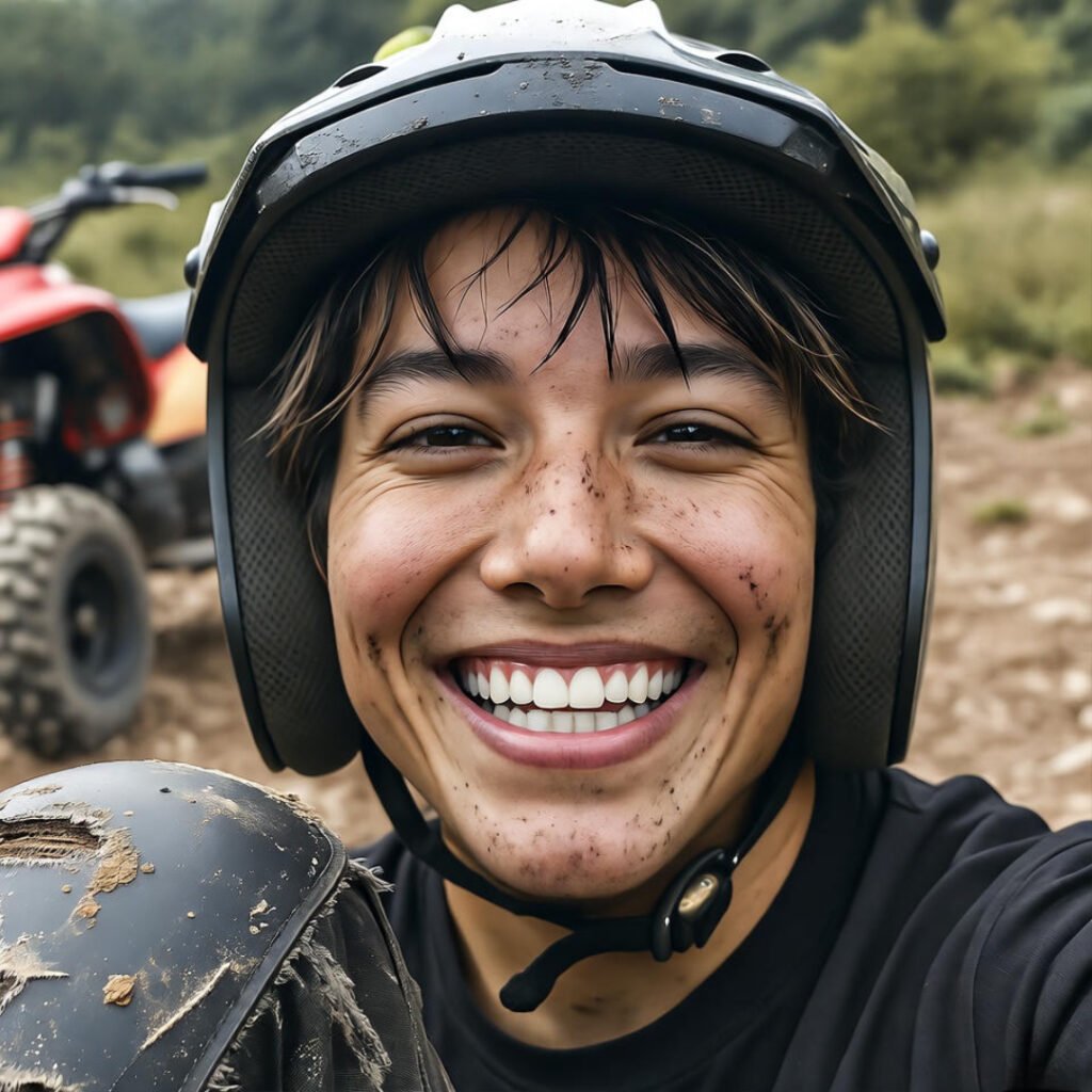 Grinning muddy face, ripped pad, tipped ATV.