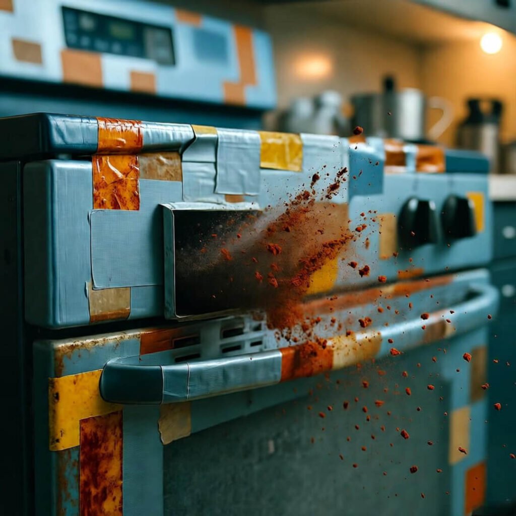 Duct-taped stove exploding coffee grounds.