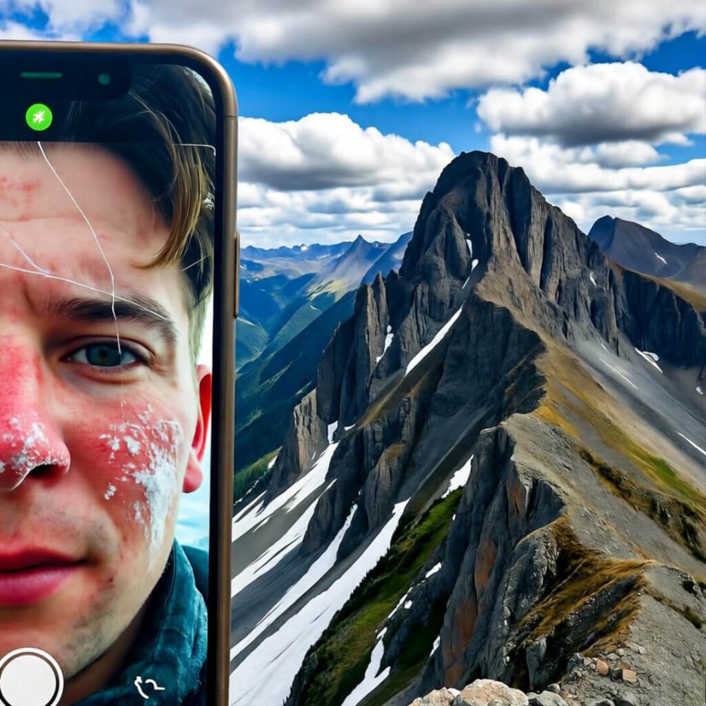 Cracked phone selfie, frost-nipped face, steep ridge.