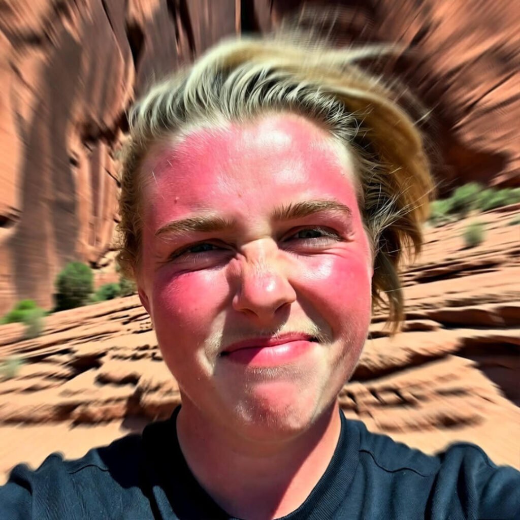 Windburned squint post-bungee, red rocks behind.